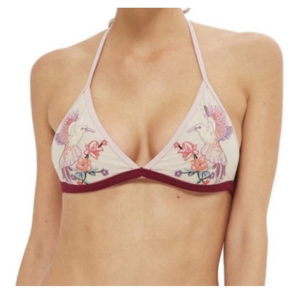 Topshop Embroidered Floral Bikini Top Size 4‎ Pink Halter Swimwear Y2K FairyCore